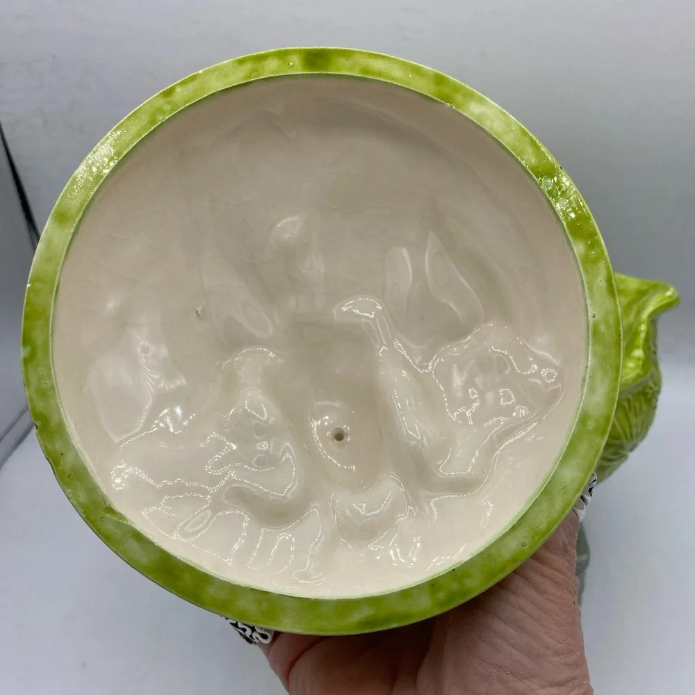 Vintage Holland Mold Green Cabbage Bowl With Lid Featuring Brown Bunnies On Top
